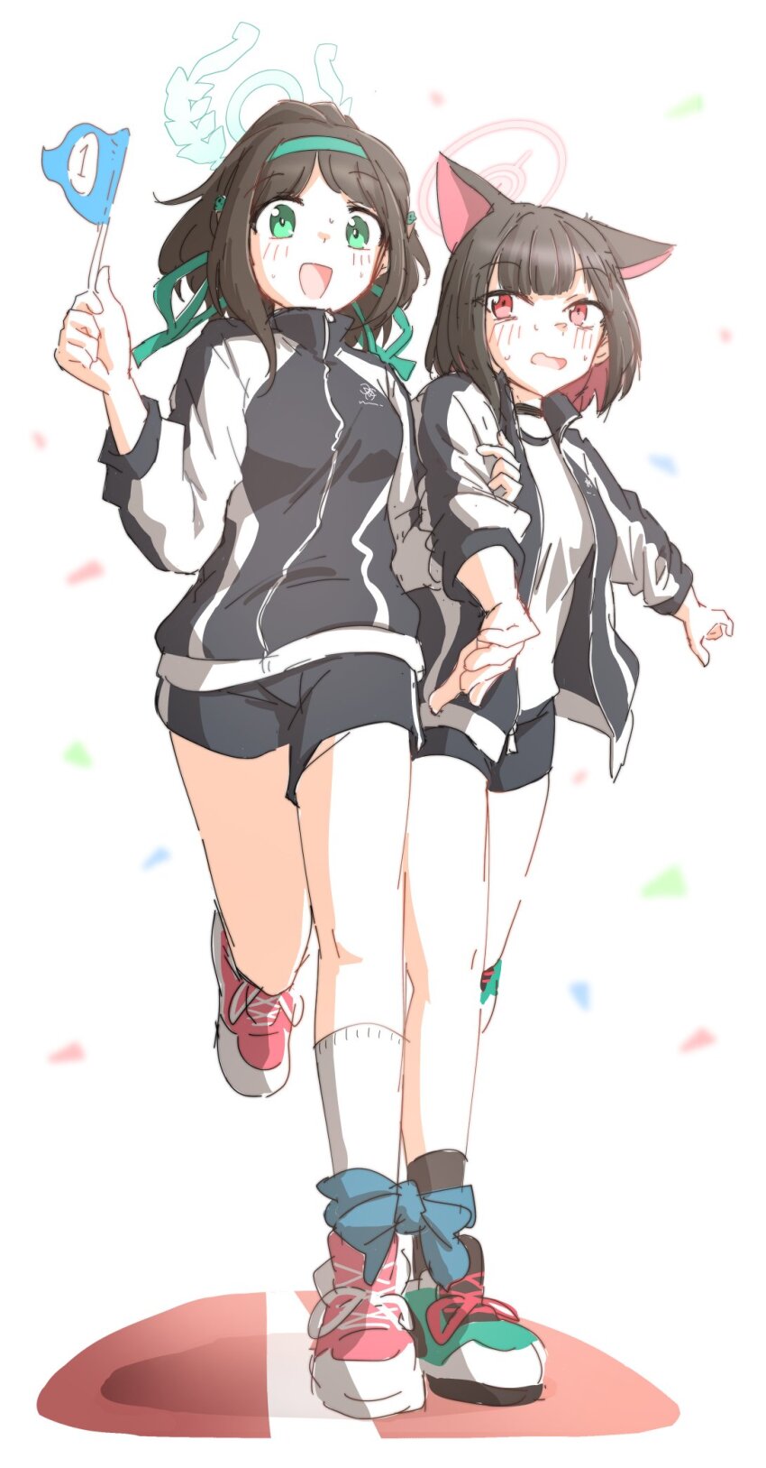 2girls airi_(blue_archive) animal_ears black_hair black_shorts blue_archive blush brown_hair cat_ears colored_inner_animal_ears colored_inner_hair confetti extra_ears green_eyes green_hairband gym_uniform hairband halo hariyaa highres jacket kazusa_(blue_archive) long_hair long_sleeves multicolored_hair multiple_girls open_mouth pink_hair pink_halo shirt shoes short_hair shorts sneakers sports_festival sweat three-legged_race track_jacket two-tone_hair white_background white_shirt