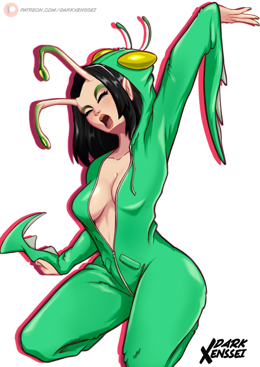 absurdres breasts cosplay darkxenssei highres kigurumi mantis_(marvel) marvel marvel_rivals open_clothes open_shirt original self-upload