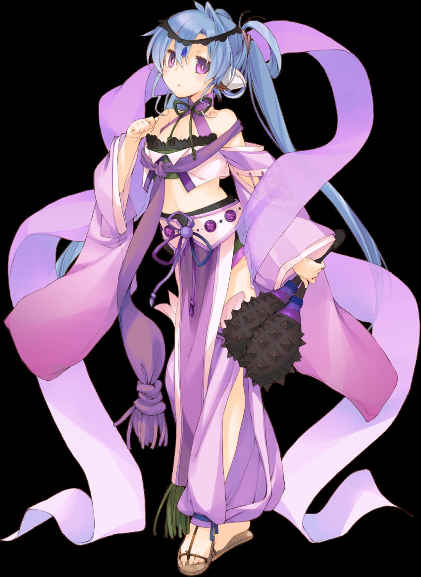 1girl :o aquaplus blue_hair breasts bright_pupils cleavage clenched_hand dancer dungeon_travelers_2 female_focus full_body highres holding ist kokonoka long_hair midriff official_art purple_eyes sandals solo transparent_background
