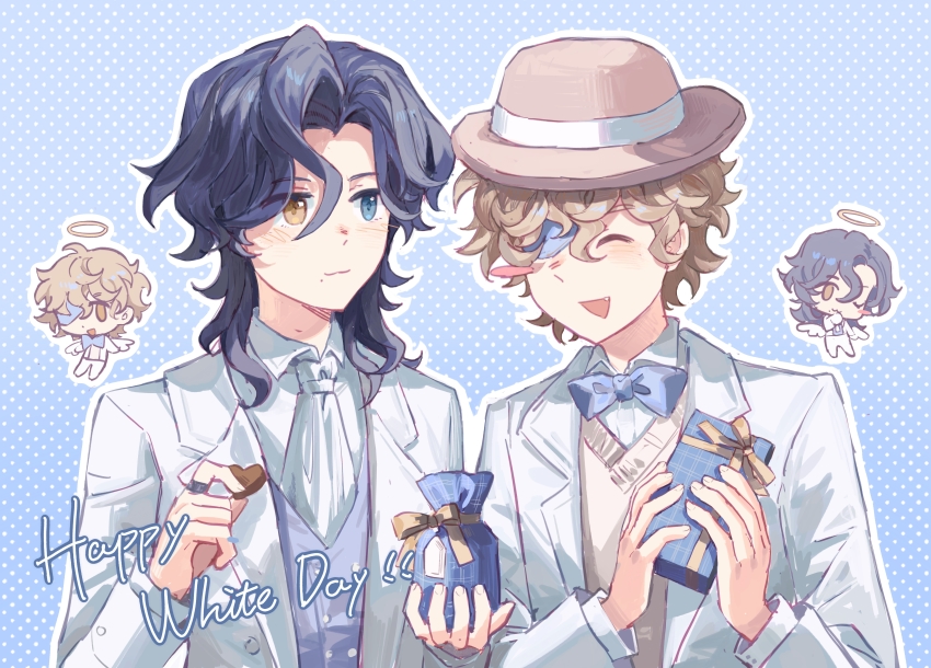 2boys :3 absurdres black_hair blonde_hair blue_background blue_bow blue_bowtie blue_eyes bow bowtie box brown_hat candy chibi chibi_inset chocolate chocolate_heart collared_shirt dongfang_shuyechu facing_another fang florian_brand food formal_clothes gift gift_bag gift_box hair_between_eyes halo hands_up hat heart heart-shaped_food heterochromia highres holding holding_food holding_gift identity_v jacket looking_at_another medium_hair multiple_boys necktie one_eye_covered open_mouth polka_dot polka_dot_background richard_sterling shirt short_hair smile suit suit_jacket upper_body white_day white_jacket white_necktie white_shirt white_suit yellow_eyes