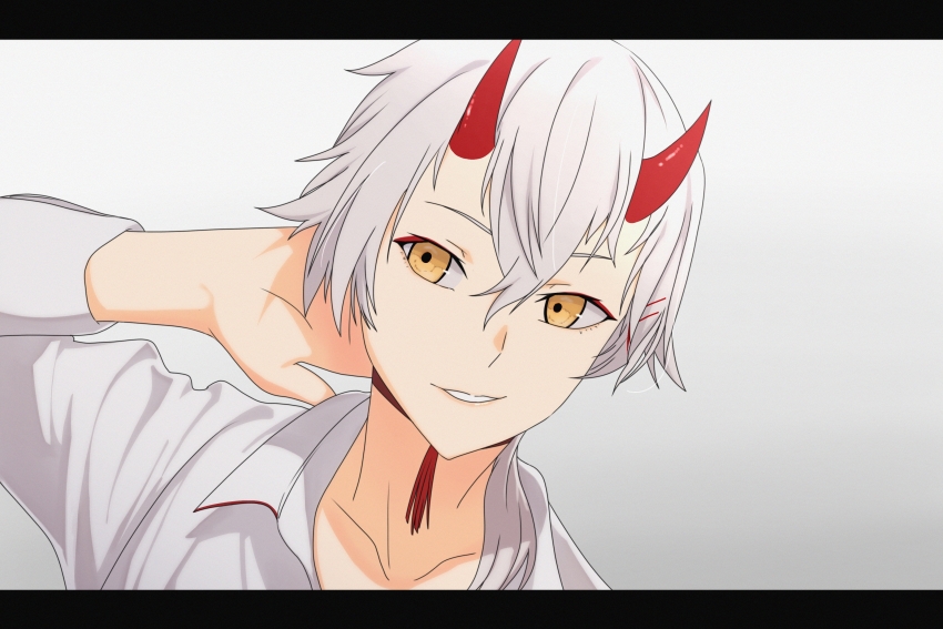 1girl absurdres akizuki_(17769498) arm_behind_head azur_lane collared_shirt highres horns kinu_(azur_lane) letterboxed oni_horns red_horns shirt short_hair simple_background solo upper_body white_background white_hair white_shirt yellow_eyes