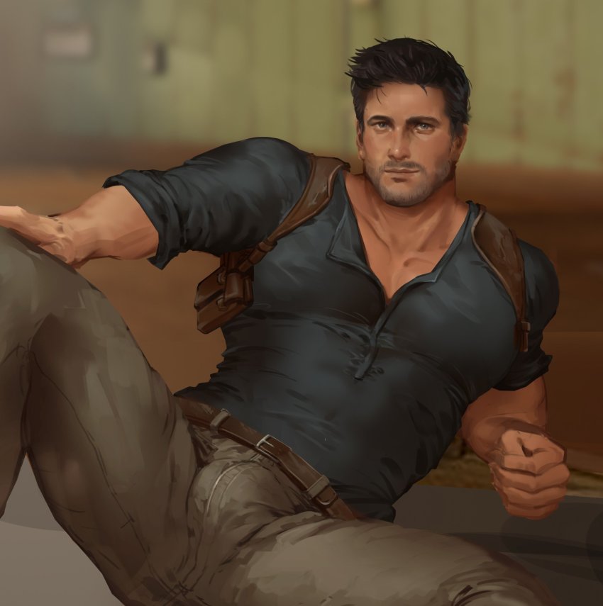 1boy appas bara beard belt black_hair black_shirt blurry blurry_background brown_pants bulge facial_hair highres large_pectorals looking_at_viewer male_focus muscular muscular_male nathan_drake pants pectoral_cleavage pectorals shirt short_hair sitting solo uncharted uncharted:_the_lost_legacy uncharted_2 uncharted_3 uncharted_4