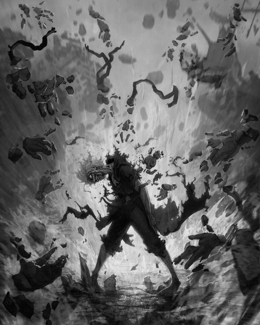 1boy arms_at_sides belt blood blood_on_face boku_no_hero_academia building commentary cracked_skin debris decay destruction disembodied_hand disintegration english_commentary evil_smile film_grain floating_clothes floating_hair glowing glowing_eyes greyscale ground_shatter head_down highres hood hooded_coat legs_apart male_focus manip messy_hair monochrome motion_blur open_mouth outdoors pants shigaraki_tomura short_sleeves smile solo spoilers standing stone torn_clothes torn_coat torn_pants