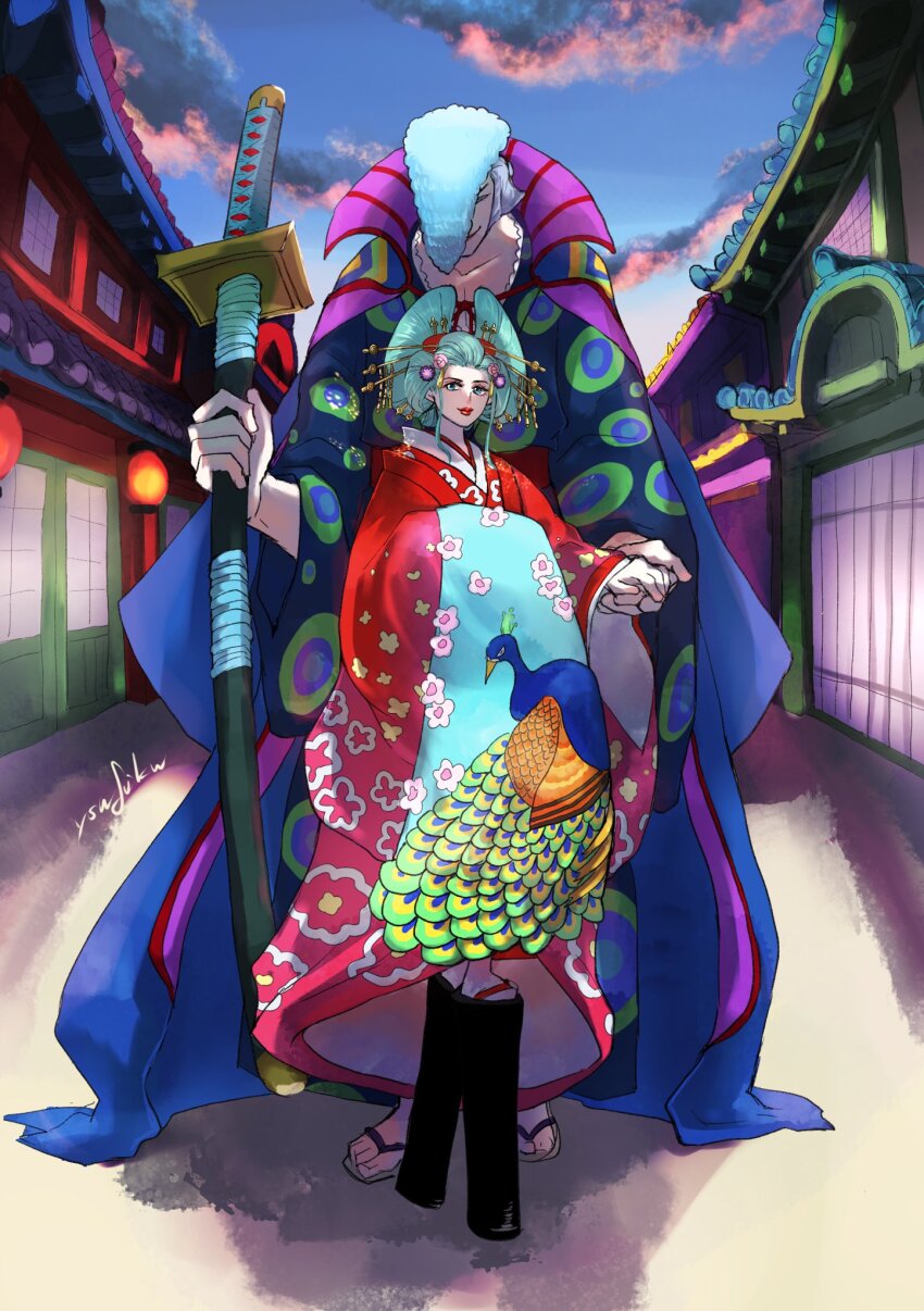 1boy 1girl aqua_hair commentary_request datehyogo denjirou_(one_piece) full_body hair_ornament highres holding holding_hands holding_sword holding_weapon japanese_clothes kanzashi kimono kouzuki_hiyori nihongami oiran one_piece outdoors pompadour red_kimono red_lips sandals sidelocks smile sunset sword weapon wide_sleeves ysnfjkw