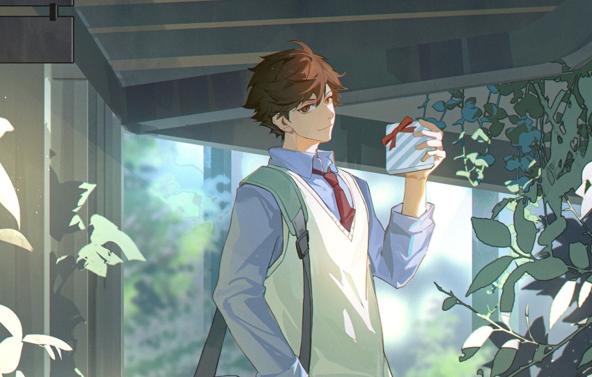 1boy bag blue_shirt box brown_hair building chinese_commentary closed_mouth collared_shirt commentary_request gift gift_box haikyuu!! hair_between_eyes highres holding holding_gift listencareful long_sleeves looking_to_the_side male_focus necktie oikawa_tooru_(haikyuu!!) outdoors plant red_necktie shirt short_hair shoulder_bag sideways_glance smile solo sweater_vest white_sweater_vest wing_collar