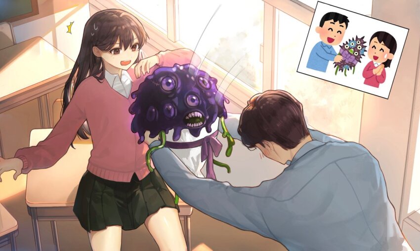 1boy 1girl black_skirt blue_shirt brown_eyes brown_hair cardigan classroom collared_shirt cowboy_shot creature holding holding_creature indoors irasutoya irasutoya_challenge ivy_(dddddd0_0bbbbbb) long_hair long_sleeves monster open_mouth pink_cardigan pleated_skirt shirt skirt white_shirt