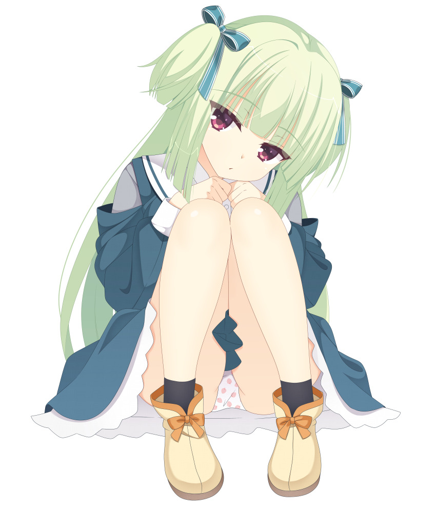 1girl absurdres blunt_bangs blunt_ends boots bow clenched_hands closed_mouth commentary_request dress eyes_visible_through_hair food_print footwear_bow fruit_print full_body green_bow green_hair green_jacket green_ribbon green_serafuku green_skirt hair_bow hair_ribbon hands_up head_tilt highres hime_cut jacket kaon_zz knees_together_feet_apart knees_up legs long_hair long_sleeves looking_at_viewer murasame_(senren) official_alternate_costume orange_bow paid_reward_available panties pantyshot print_panties red_eyes ribbon sailor_collar school_uniform senren_banka serafuku sidelocks simple_background sitting skirt socks solo straight_hair strawberry_panties strawberry_print two_side_up underwear very_long_hair white_background white_panties white_sailor_collar yellow_boots