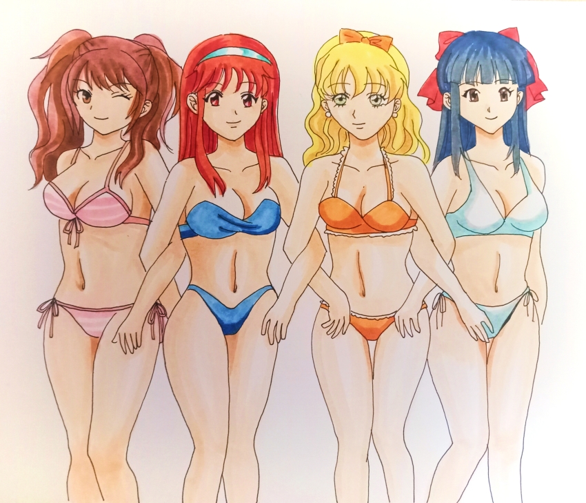 4girls absurdres angelique_(series) atlus bikini blonde_hair blue_bikini blue_hair bow breasts brown_eyes brown_hair character_request cleavage copyright_request crossover front-tie_bikini_top front-tie_top hair_ribbon highres kujikawa_rise large_breasts legs long_hair looking_at_viewer multiple_girls navel one_eye_closed orange_bikini persona pink_bikini ponytail red_bow red_eyes red_hair ribbon sakura_taisen sega shinguuji_sakura side-tie_bikini_bottom smile swimsuit thighs traditional_media twintails white_bikini wink