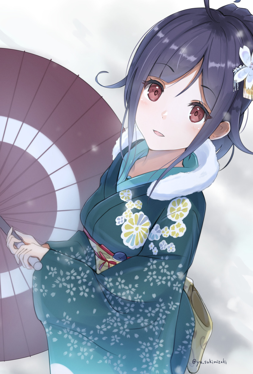 1girl absurdres ahoge flower furisode green_kimono hair_bun hair_flaps hair_flower hair_ornament highres holding holding_umbrella japanese_clothes kantai_collection kimono looking_at_viewer obi official_alternate_costume official_alternate_hairstyle oil-paper_umbrella purple_hair red_eyes ryuuhou_(kancolle) ryuuhou_kai_ni_(kancolle) sash single_hair_bun solo sukimizaki taigei_(kancolle) umbrella white_flower wide_sleeves