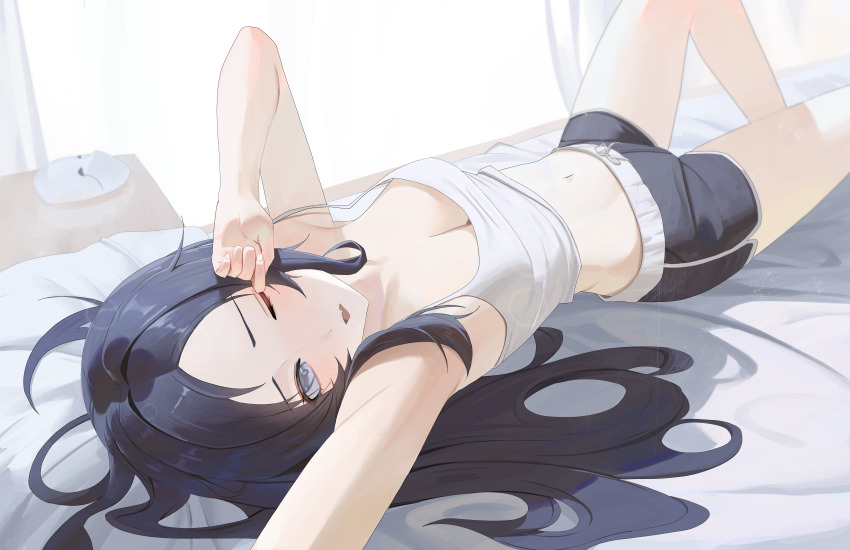1girl absurdres bedroom black_hair black_shorts commission commissioner_upload grey_eyes highres loose_clothes loose_shirt mask midriff mushoku_tensei nanahoshi_shizuka navel non-web_source rasipan rubbing_eyes shirt shorts sleepy waking_up