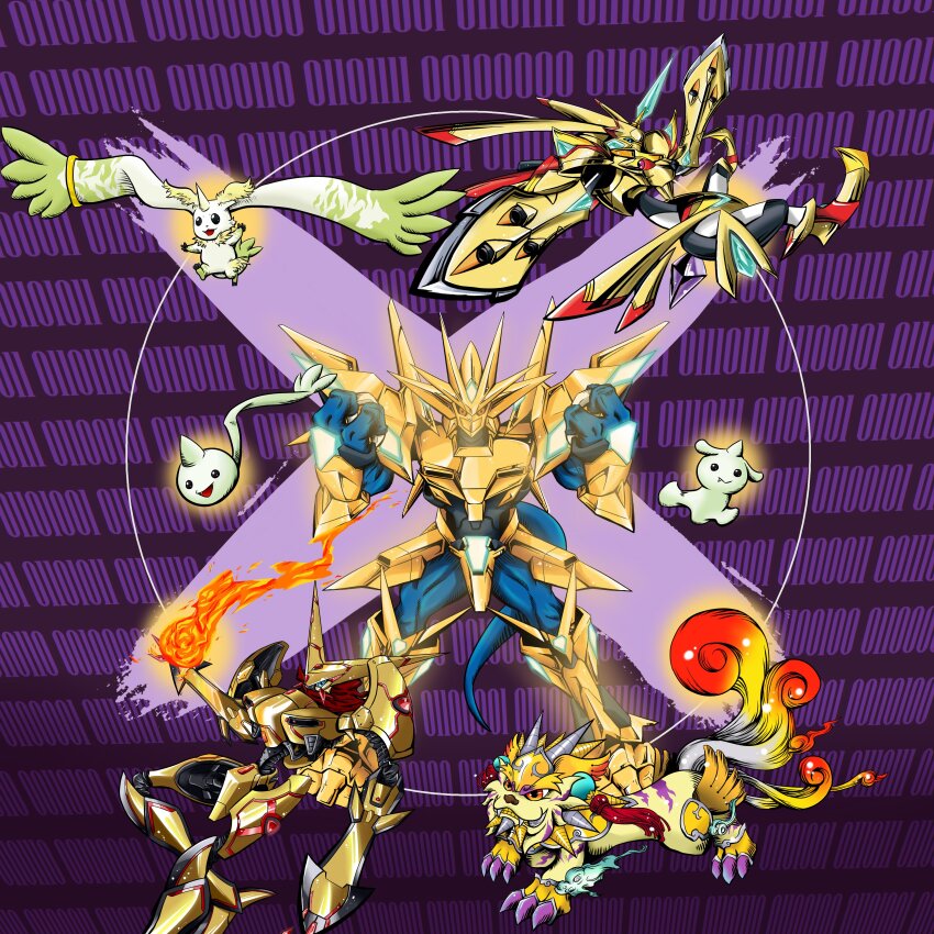 absurdres armor digimon digimon_(creature) dragon gummymon highres horns magnamon magnamon_x-antibody omegashoutmon omegashoutmon_x-antibody rapidmon_(armor) rapidmon_x-antibody scarf siesamon siesamon_x-antibody terriermon terriermon_x-antibody zerimon