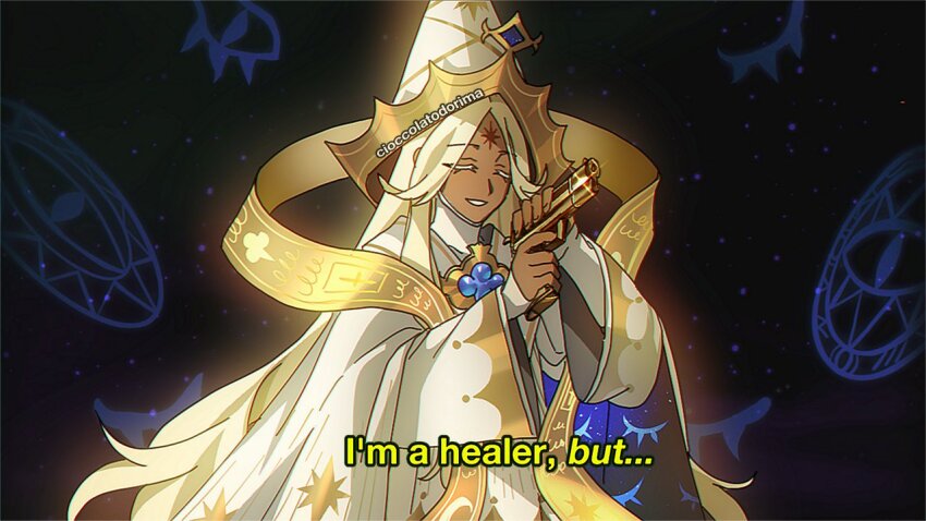 1boy blonde_hair blue_gemstone brooch cioccolatodorima closed_eyes coat cookie_run cookie_run:_kingdom gem gold_trim gun hands_up hat holding holding_gun holding_weapon jewelry long_hair long_sleeves open_mouth parted_bangs pointy_hat pure_vanilla_cookie pure_vanilla_cookie_(compassionate) reloading sidelocks smile solo very_long_hair weapon white_coat white_hat wide_sleeves yellow_eyes
