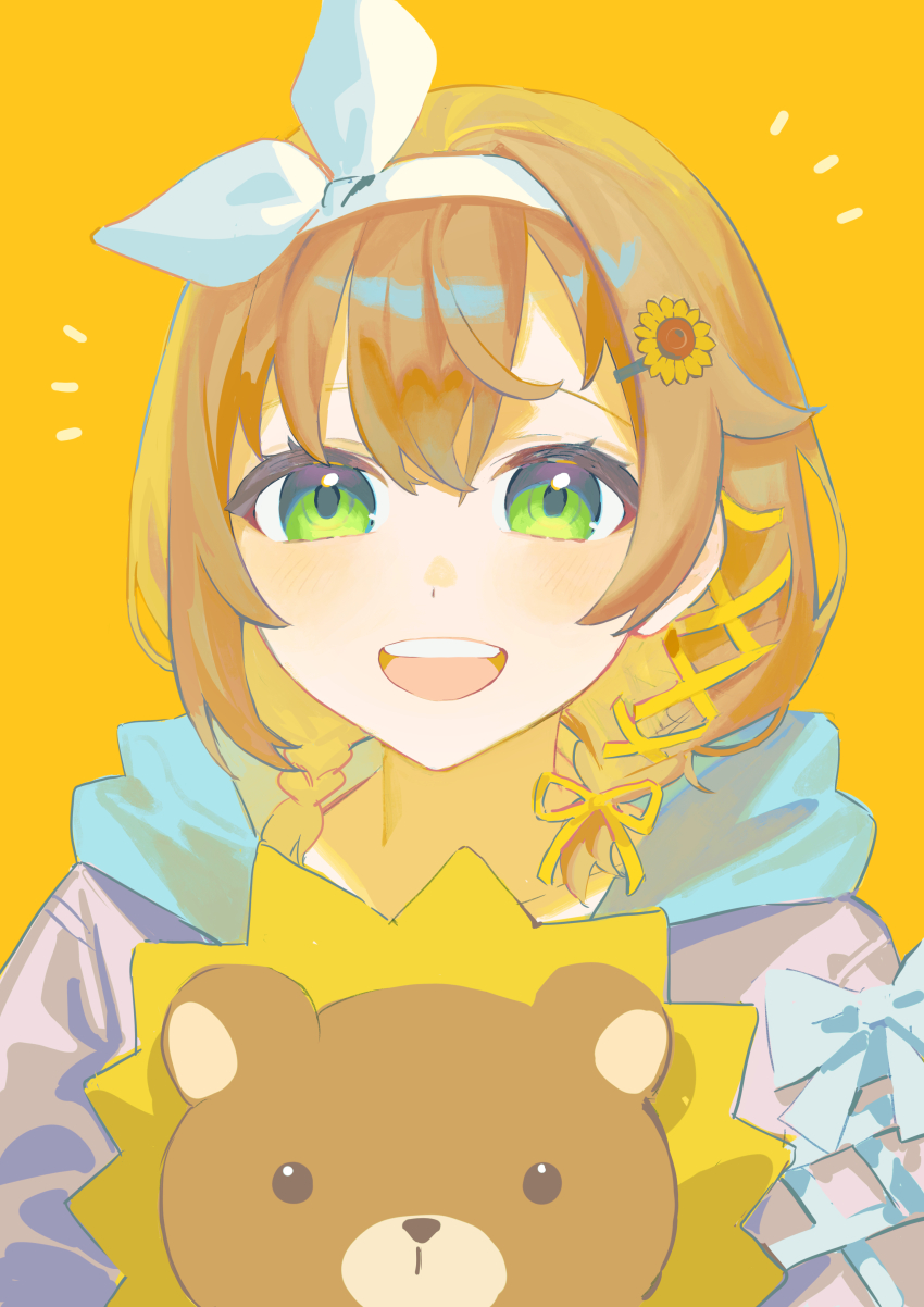 1girl absurdres blue_hoodie bow commentary_request flower green_eyes hair_bow hair_flower hair_ornament highres holding holding_stuffed_toy honma_himawari honma_himawari_(10th_costume) hood hoodie looking_at_viewer nijisanji open_mouth orange_hair pink_hoodie simple_background smile solo stuffed_animal stuffed_lion stuffed_toy sunflower sunflower_hair_ornament torino_kawazu two-tone_hood upper_body virtual_youtuber white_bow yellow_background