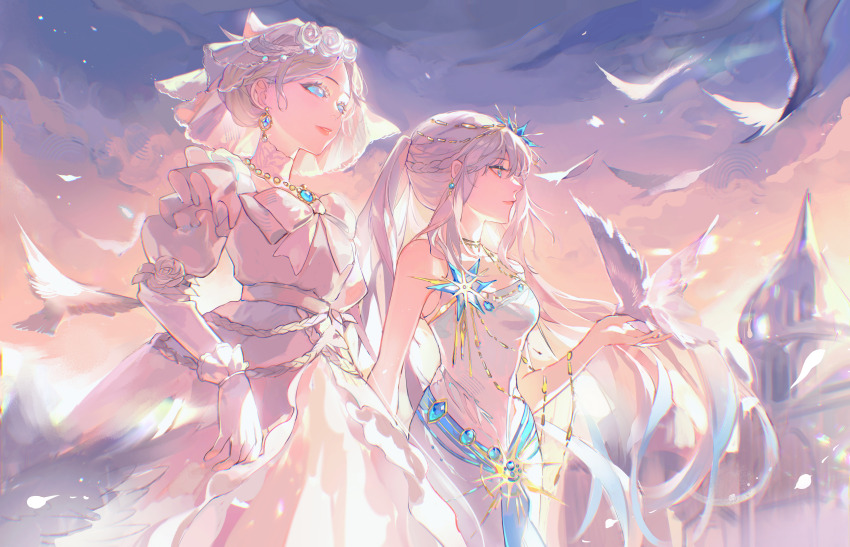 2girls absurdres artist_request bird blue_eyes braid breasts bridal_veil bride brooch building commission crossover dress earrings fate/grand_order fate_(series) flower formal_clothes gloves gradient_sky grey_hair hair_ornament head_chain highres identity_v jewelry long_hair long_sleeves mary_(identity_v) mary_(promised_day)_(identity_v) medium_breasts morgan_le_fay_(fate) multiple_girls necklace outdoors pink_sky ponytail purple_sky sidelocks sky smile solid_eyes strapless strapless_dress updo veil wedding_dress white_dress white_gloves