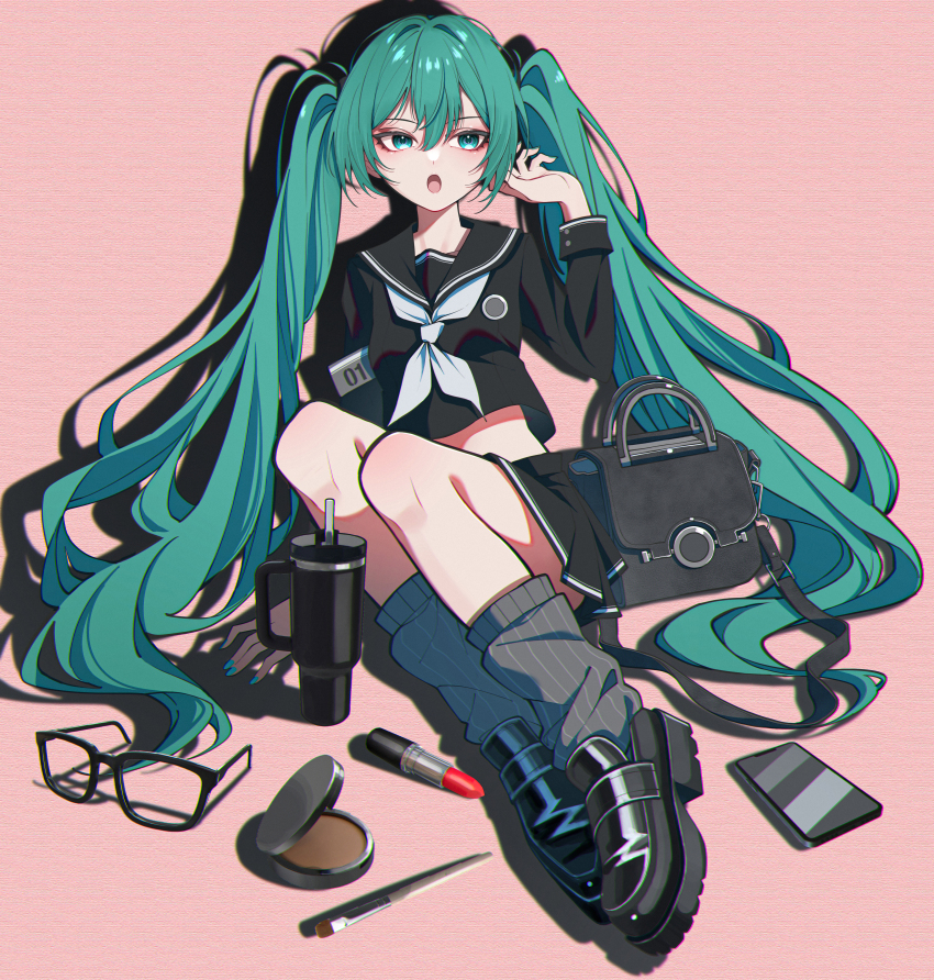1girl absurdres black_bag black_sailor_collar black_shirt black_shoes black_skirt blue_eyes blue_hair blue_nails blush cellphone grey_socks hair_between_eyes hatsune_miku highres lipstick long_hair looking_at_viewer loose_socks makeup makeup_brush makeup_palette miniskirt neckerchief open_mouth phone sailor_collar shirt shoes sidelocks skirt smartphone socks solo striped_clothes striped_socks tiandingfengren twintails unworn_eyewear vertical-striped_clothes vertical-striped_socks vocaloid white_neckerchief