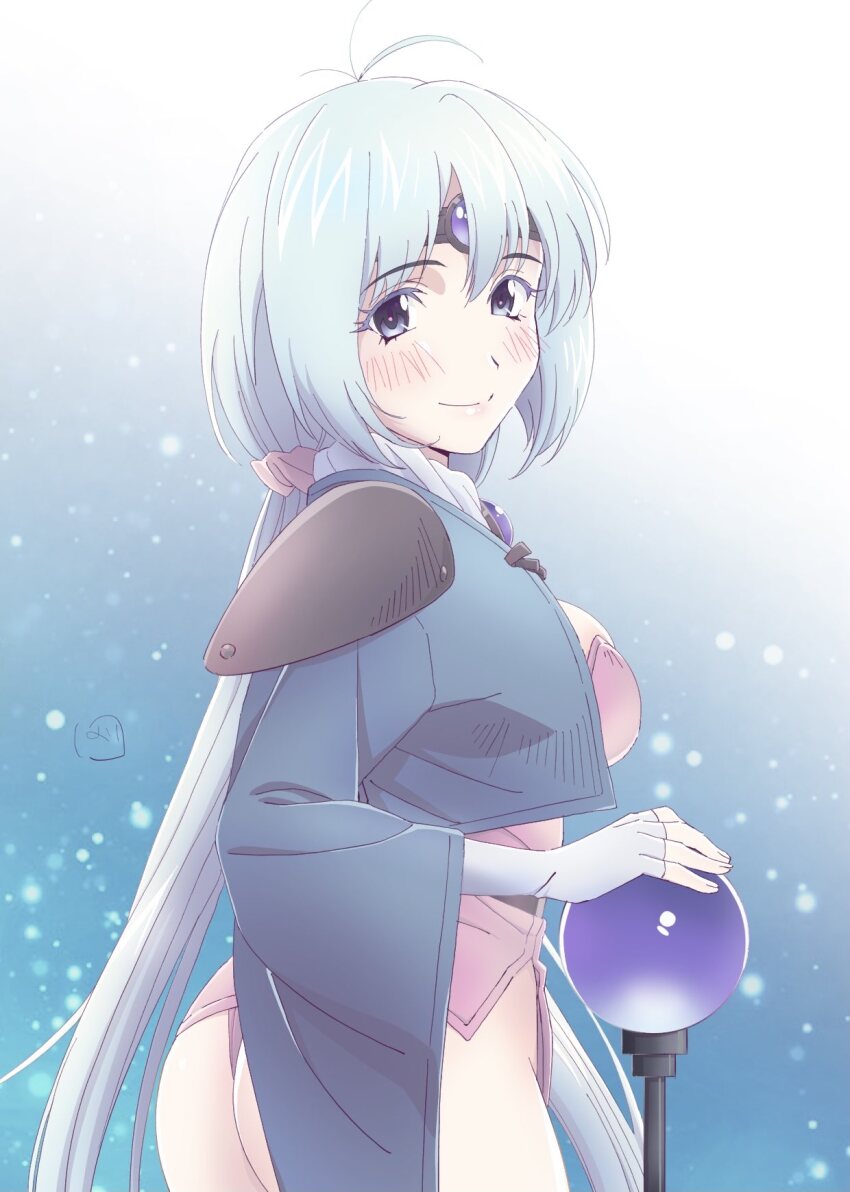1girl ahoge armor ass blue_hair blush breasts circlet cleavage closed_mouth fingerless_gloves gloves haou_taikei_ryuu_knight highres large_breasts long_hair looking_at_viewer low_twintails nori_(norimakigumo) paffy_pafuricia purple_eyes shoulder_armor smile solo twintails very_long_hair