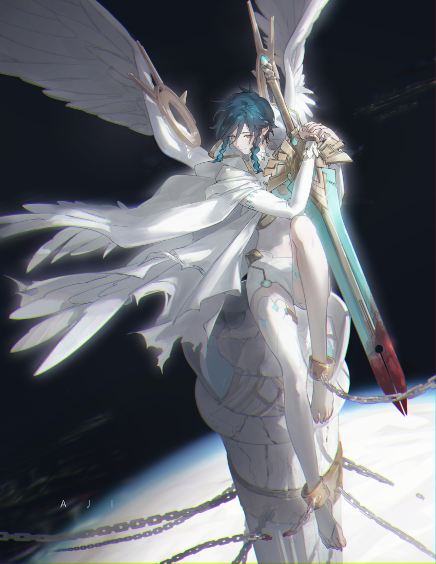 1boy absurdres aji_11300913 ankle_cuffs aqua_hair arm_warmers barefoot black_hair blood bloody_weapon braid bridal_legwear broken broken_chain chain chained cloak closed_mouth crop_top feathered_wings full_body genshin_impact glint gradient_hair greatsword green_eyes highres holding holding_sword holding_weapon hood hood_down hooded_cloak hugging_object knee_up leg_tattoo looking_to_the_side male_focus midriff multicolored_hair multiple_wings official_alternate_costume pillar shirt short_hair_with_long_locks shorts side_braids single_thighhigh sitting skyward_pride_(genshin_impact) sleeveless sleeveless_shirt smile solo space sword tattoo thighhighs venti_(archon)_(genshin_impact) venti_(genshin_impact) weapon white_cloak white_shirt white_shorts white_thighhighs white_wings wings