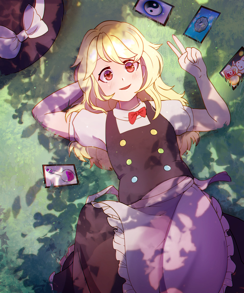100th_black_market 1girl ability_card_(touhou) absurdres apron back_bow black_hat black_skirt black_vest blonde_hair bow breasts buttons dungeon_toaster frilled_apron frilled_skirt frills grass hat hat_bow highres kirisame_marisa long_hair lying on_floor outdoors puffy_short_sleeves puffy_sleeves red_bow red_eyes short_sleeves skirt small_breasts solo touhou turtleneck unworn_hat unworn_headwear v vest waist_apron white_apron white_bow witch_hat