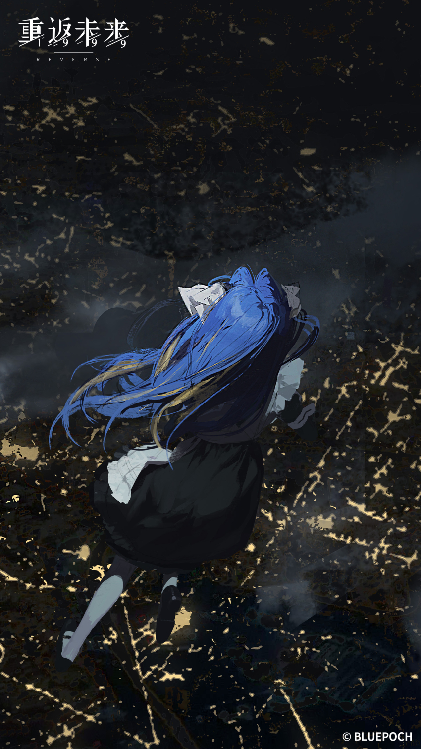 1girl above_clouds absurdres apron black_dress black_shoes blonde_hair blue_hair city_lights cloud colored_inner_hair copyright_name copyright_notice dress facing_away floating from_above full_body highres logo long_hair multicolored_hair night official_art official_wallpaper pantyhose reverse:1999 school_uniform shoes solo soviet_school_uniform voyager_(reverse:1999) white_apron white_pantyhose
