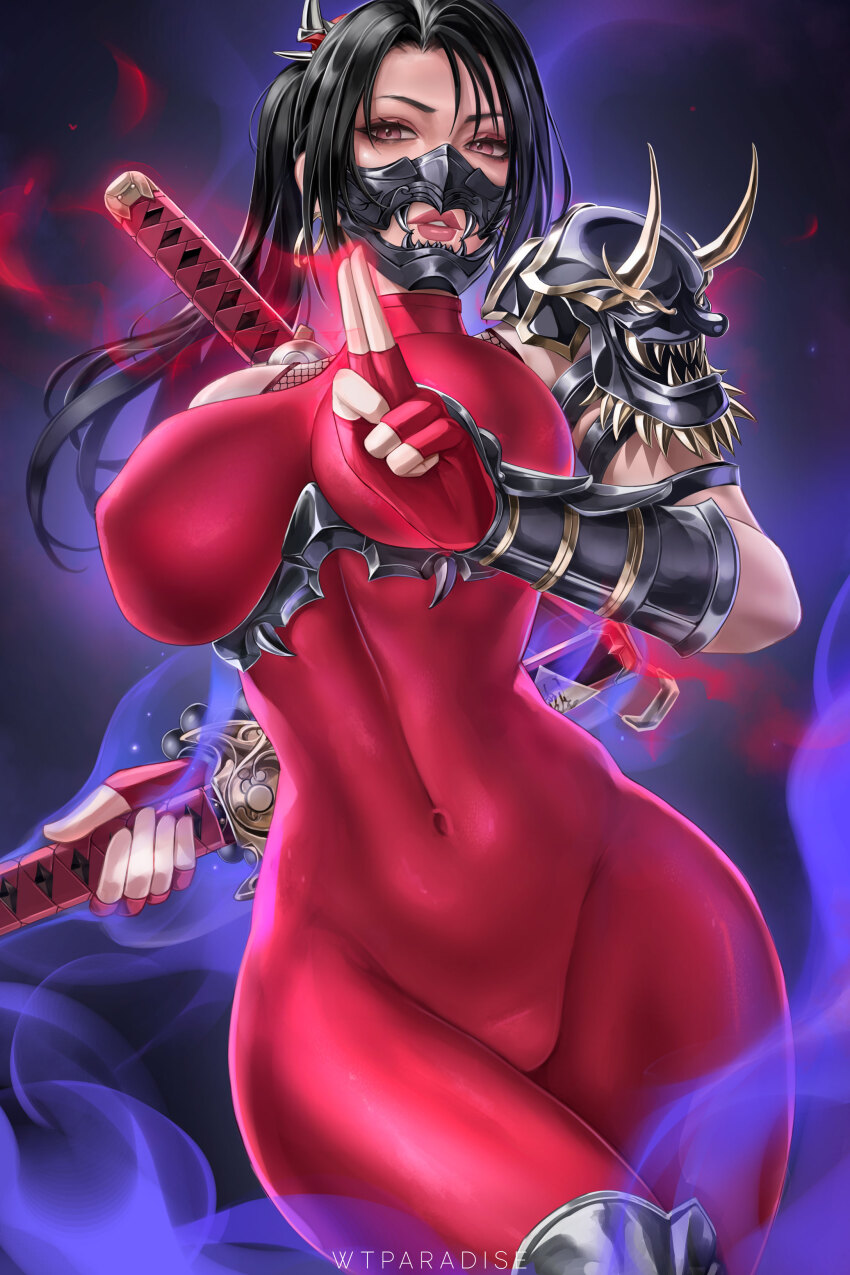 1girl absurdres armor black_hair bodysuit breasts covered_navel cowboy_shot highres impossible_bodysuit impossible_clothes kuji-in large_breasts mask mouth_mask parted_lips ponytail red_bodysuit shoulder_armor solo soul_calibur sword taki_(soulcalibur) weapon wtparadise
