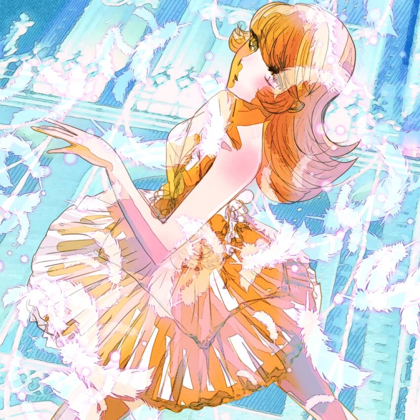 1970s_(style) 1girl ballet bare_shoulders blonde_hair blush cyborg cyborg_009 dancing dress francoise_arnoul hairband highres long_hair looking_at_viewer looking_up oldschool retro_artstyle sariokisu solo upper_body yellow_dress