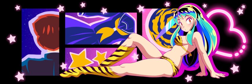 1girl animal_print arm_support bikini breasts brown_eyes from_side green_hair highres knee_up kneehighs leaning_back legs long_hair looking_at_viewer lum nka_46 oni print_bikini print_footwear sitting socks solo strapless strapless_bikini swimsuit thighs tiger_print urusei_yatsura yellow_bikini