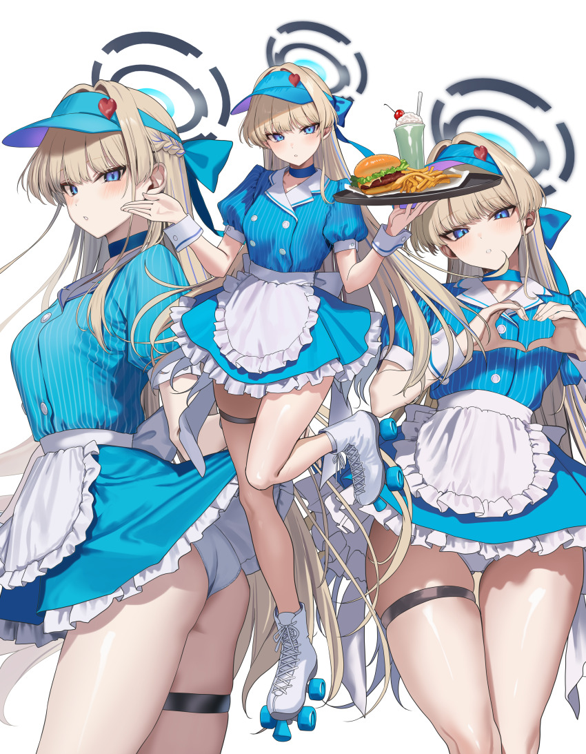 1girl absurdres apron blonde_hair blue_archive blue_bow blue_dress blue_eyes blue_hair blue_halo blue_hat blush bow braid breasts burger choker collarbone commentary_request dress food french_fries frilled_skirt frills full_body hair_bow half_up_braid halo hat heart heart_hands hidis0086 highres holding holding_tray ice_cream long_hair looking_at_viewer maid_apron medium_breasts mesmerizer_(vocaloid) multicolored_hair panties pantyshot parted_lips puffy_short_sleeves puffy_sleeves roller_skates short_sleeves skates skirt solo streaked_hair thigh_strap toki_(blue_archive) tray underwear very_long_hair visor_cap waitress white_background white_panties wrist_cuffs