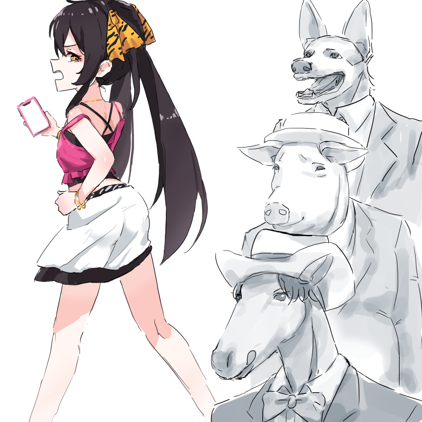 3boys absurdres animal_head animal_print axel_in_harlem_(meme) black_hair camisole dog_head hand_on_own_hip highres holding holding_phone horse_head idolmaster idolmaster_cinderella_girls idolmaster_cinderella_girls_u149 jewelry leopard_print long_hair looking_back matoba_risa meme multiple_boys necklace phone pig_head print_ribbon ribbon skirt sstthei twintails white_background white_skirt yellow_eyes