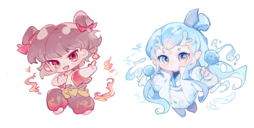 2boys :o ao_bing_(nezha_zhi_motong_jiangshi) aqua_horns baggy_pants bare_arms bare_shoulders barefoot black_pants black_shirt black_shoes blue_eyes blue_hair blush_stickers bow brown_hair chibi chinese_clothes chinese_commentary commentary_request dot_nose double_bun dragon_horns facial_mark fire flame_print forehead_mark gold_necklace grey_pants hair_bow hair_bun hanfu happy highres holding horns hydrokinesis jewelry long_hair long_sidelocks long_sleeves male_focus multiple_boys necklace nezha_(nezha_zhi_motong_jiangshi) nezha_zhi_motong_jiangshi object_request open_clothes open_mouth open_vest pants parted_lips pointy_ears pyrokinesis red_bow red_eyes red_vest robe sharp_teeth shirt shoes short_hair sidelocks simple_background smile tareme teeth topknot tsurime turtleneck turtleneck_shirt upper_teeth_only very_long_hair vest water wavy_hair white_background white_hanfu white_robe wide_sleeves ww_(meiyou_xiang_chide)