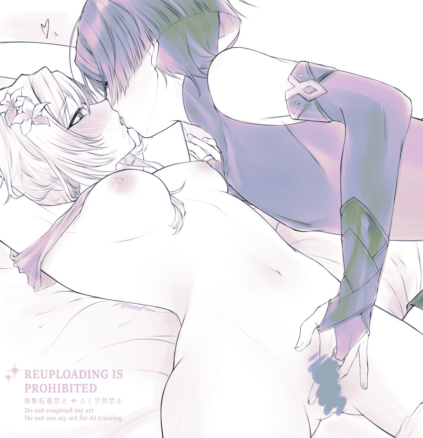 1boy 1girl absurdres amano_hotaru_(hotaama) armor armpits arms_up black_bodysuit blunt_ends blush bodysuit breasts bridal_gauntlets censored closed_eyes clothed_male_nude_female couple drooling eyelashes fingering fingernails flower french_kiss genshin_impact hair_between_breasts hair_flower hair_ornament half-closed_eyes heart hetero highres japanese_armor kiss kote looking_at_another lumine_(genshin_impact) lying medium_breasts middle_ring monochrome mouth_drool navel nipples nude on_back on_bed scaramouche_(genshin_impact) shirt_rolled_up short_hair short_hair_with_long_locks sidelocks tearing_up tears twitter_username wanderer_(genshin_impact) watermark white_background