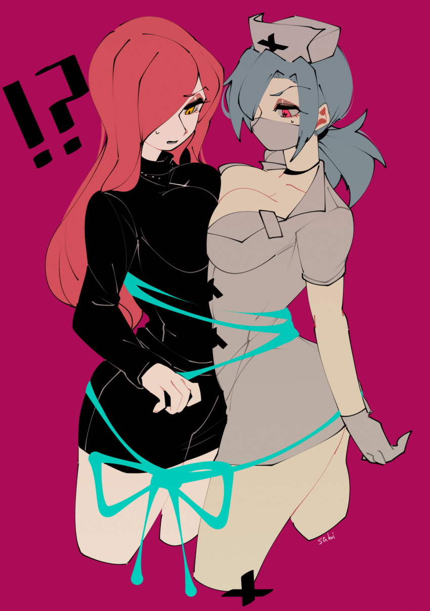 !? 2girls blue_hair blush breast_press breasts cowboy_shot gloves hair_over_one_eye hat highres large_breasts looking_down multiple_girls nurse_cap parasoul_(skullgirls) pink_background ponytail red_eyes red_hair sabi skirt skullgirls string sweatdrop sweater symmetrical_docking turtleneck turtleneck_sweater valentine_(skullgirls) yellow_eyes