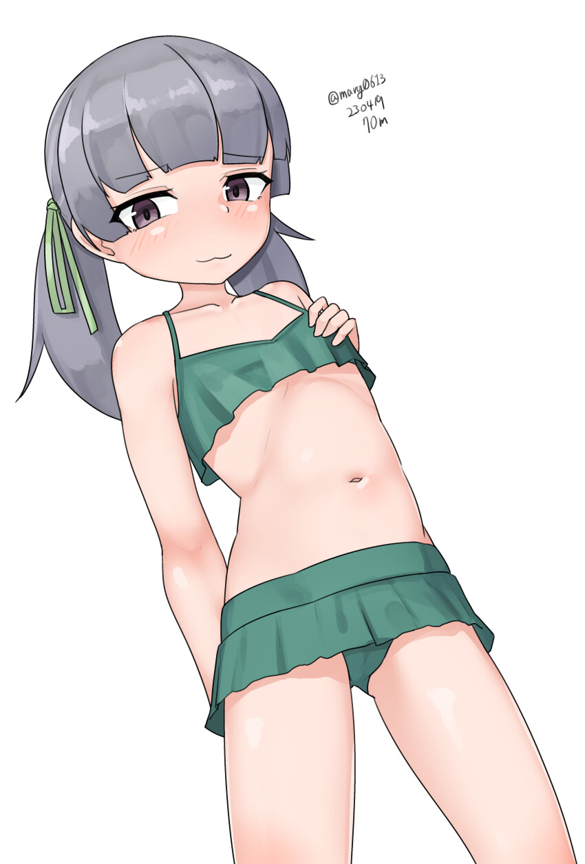 1girl absurdres bikini bikini_skirt blunt_bangs cosplay dated feet_out_of_frame flat_chest green_bikini grey_hair highres kantai_collection kasumi_(kancolle) kasumi_(kancolle)_(cosplay) kasumi_kai_ni_(kancolle) kasumi_kai_ni_(swimsuit)_(kancolle) long_hair maru_(marg0613) navel one-hour_drawing_challenge ooshio_(kancolle) purple_eyes simple_background solo swimsuit twintails twitter_username white_background