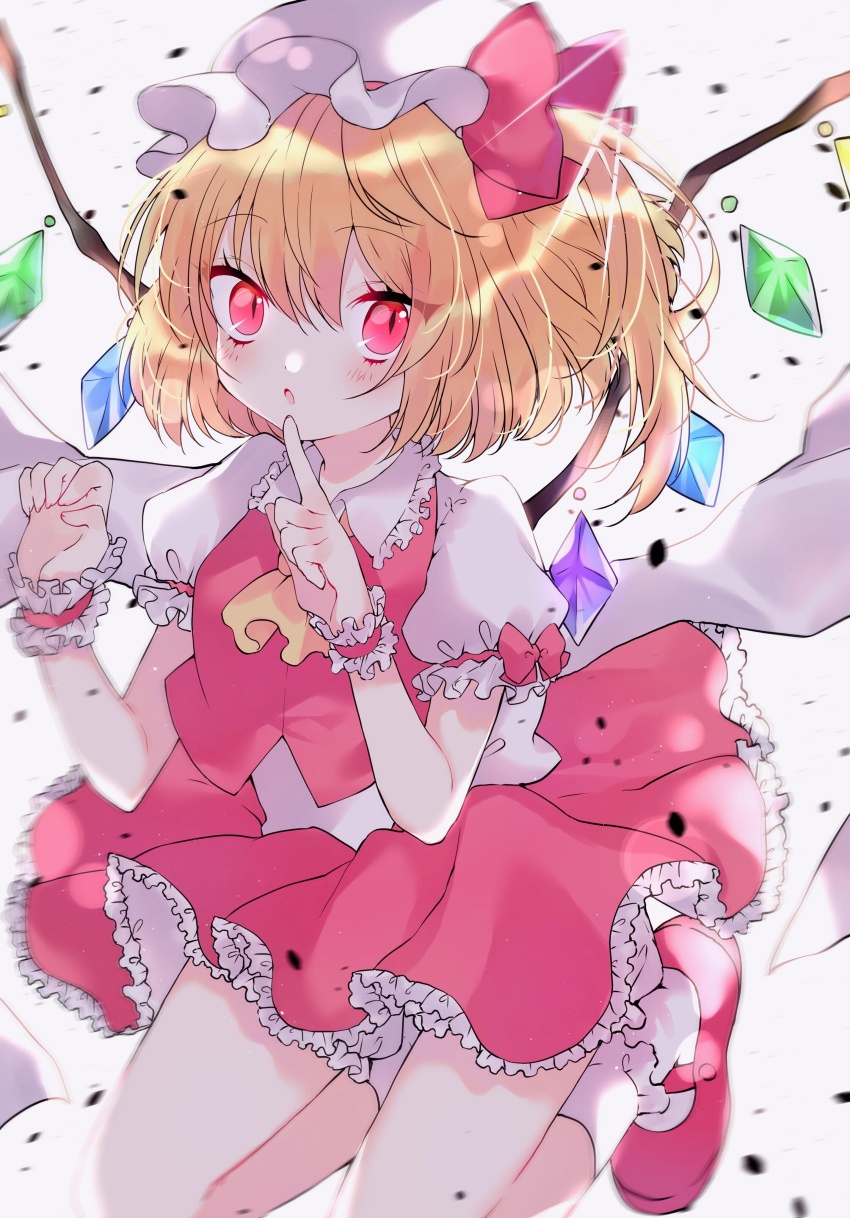 1girl absurdres blonde_hair crystal cyakkorotan flandre_scarlet frilled_skirt frilled_wrist_cuffs frills hat highres index_finger_raised looking_at_viewer mob_cap puffy_short_sleeves puffy_sleeves red_eyes red_ribbon red_skirt red_vest ribbon shirt short_sleeves skirt slit_pupils socks solo touhou vest white_shirt white_socks wrist_cuffs