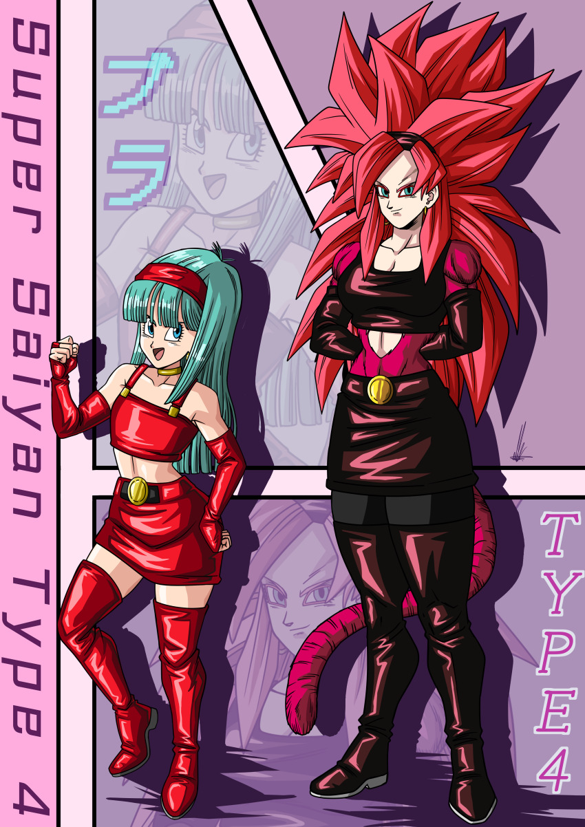 1girl absurdres age_progression arms_behind_back belt belt_buckle black_leggings blue_eyes blue_hair blunt_bangs body_fur boots bra_(dragon_ball) breasts buckle character_name clenched_hands collar dragon_ball dragon_ball_gt drop_shadow earrings elbow_gloves english_text fingerless_gloves flat_chest full_body gloves gold_collar hairband hand_on_own_hip hand_up highres jewelry leggings long_hair midriff monkey_girl monkey_tail multiple_views open_mouth pink_background red_boots red_fur red_gloves red_hair red_hairband red_skirt red_tank_top shiny_clothes sidelocks signature skirt small_breasts smirk spiked_hair super_saiyan super_saiyan_4 tail tank_top thigh_boots toriyama_akira_(style) un_koshin1402 very_long_hair zoom_layer