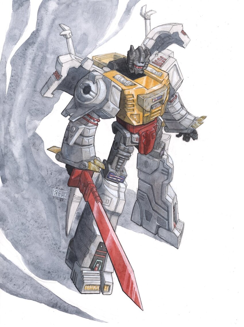 assault_visor commentary english_commentary grimlock highres humanoid_robot machine mecha mecha_focus no_humans red_visor robot science_fiction sword tgping transformers transformers:_generation_1 weapon