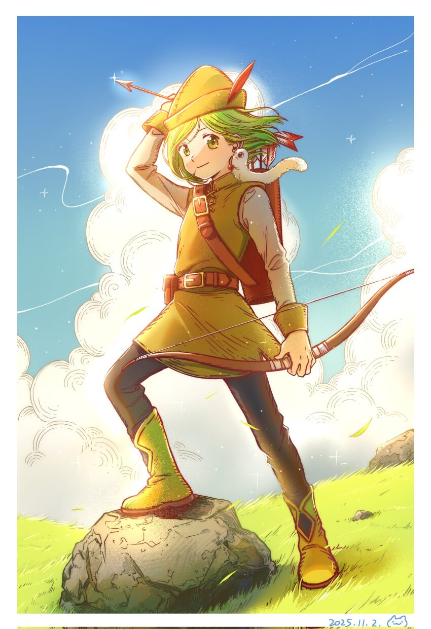 1girl arrow_(projectile) belt berry bow_(weapon) brushbuddy cloud creature day food fruit full_body grass green_eyes green_hair hat hat_feather highres holding holding_arrow holding_bow_(weapon) holding_food holding_fruit holding_weapon pants short_hair sky smile solo tongari_boushi_no_atelier weapon yongji_(moli1023)
