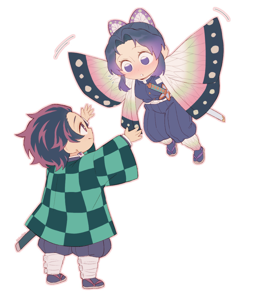 animal_print belt blue_butterfly blush bug butterfly butterfly_hair_ornament butterfly_print checkered_clothes checkered_haori checkered_sash chibi demon_slayer_uniform earrings full_body gradient_hair hair_ornament hanafuda_earrings haori highres insect japanese_clothes jewelry kamado_tanjirou kimetsu_no_yaiba kishimen_hair kochou_shinobu multicolored_hair original purple_butterfly scar scar_on_face scar_on_forehead simple_background smile sword_writing updo user_fhwv8447 white_background white_belt |_|