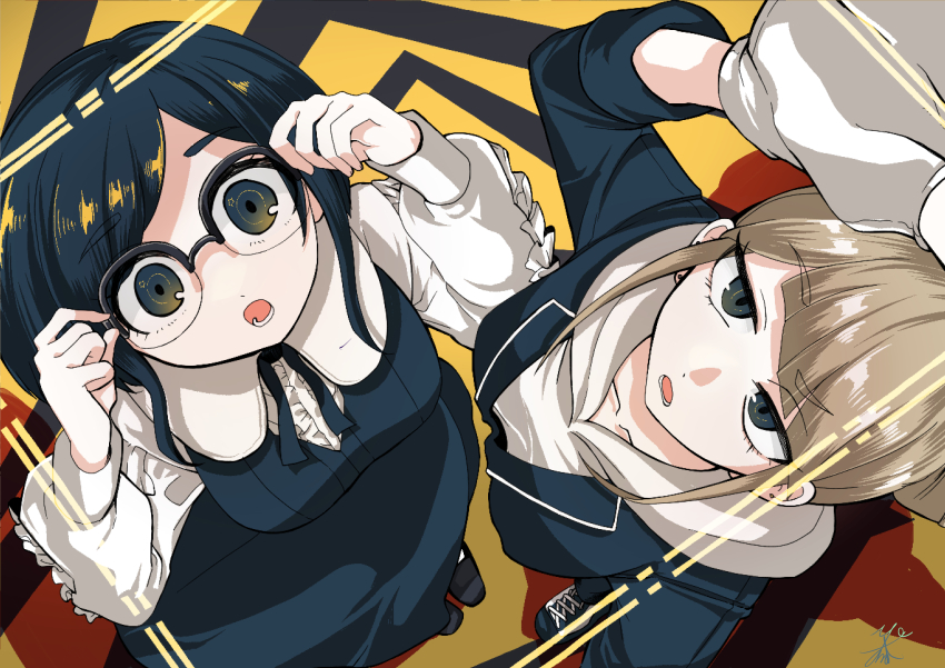 2girls :o absurdres blue_jumpsuit blue_skirt breasts collared_shirt commentary_request frilled_shirt frills from_above fukurai_azami glasses hands_on_eyewear hands_up highres jasmine_(toshi_densetsu_kaitai_center) jumpsuit limited_palette long_sleeves looking_at_viewer looking_up medium_breasts multiple_girls open_mouth semi-rimless_eyewear shirt short_hair skirt standing toshi_densetsu_kaitai_center white_shirt yamada_fgm