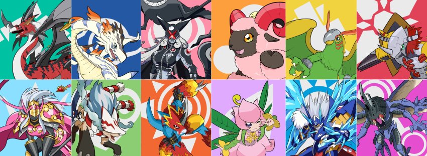3girls 6+boys absurdres android armor digimon doruguremon dragon fairy fladramon flower gynoid hexeblaumon highres kabuterimon ladydevimon ladydevimon_x-antibody lilimon mecha_girl monster_girl multiple_boys multiple_girls parrotmon petals plant plant_girl plesiomon queenchessmon reppamon robot_girl sheepmon wargreymon