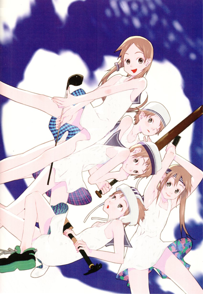 5girls absurdres armpits arms_up bare_legs bare_shoulders baseball_bat black_eyes brown_hair cricket_bat dress golf_club hair_ornament hat headband headgear highres long_hair multiple_girls okama open_mouth original sailor_dress scan side_ponytail smile white_dress wink