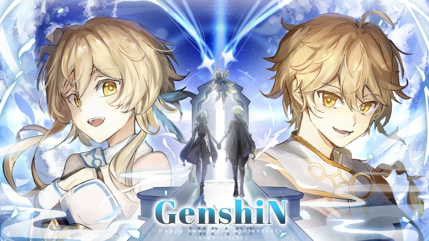1boy 2girls aether_(genshin_impact) ahoge bare_shoulders blonde_hair cape capelet cloud cloudy_sky day dress english_text feather_hair_ornament feathers floating flower full_body genshin_impact glowing hair_between_eyes hair_ornament halo highres holding_hands light_particles looking_at_viewer lumine_(genshin_impact) multiple_girls niarss open_mouth paimon_(genshin_impact) shadow short_hair sky star_(sky) starry_sky teeth upper_body white_dress white_flower white_hair yellow_eyes