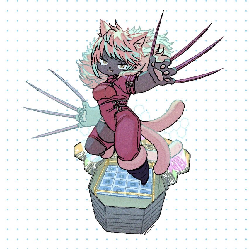 animal_ears arena audience black_cat_(ff14) black_footwear boxing_ring breasts brown_eyes cat_ears chibi dark_skin extra_tails fangs final_fantasy final_fantasy_xiv floating full_body fur-trimmed_jumpsuit fur_trim hexagon highres huge_claws jumpsuit looking_at_viewer medium_breasts medium_hair open_mouth pawpads pink_fur pink_jumpsuit polka_dot polka_dot_background shizimiz slit_pupils smile yaana_(ff14)