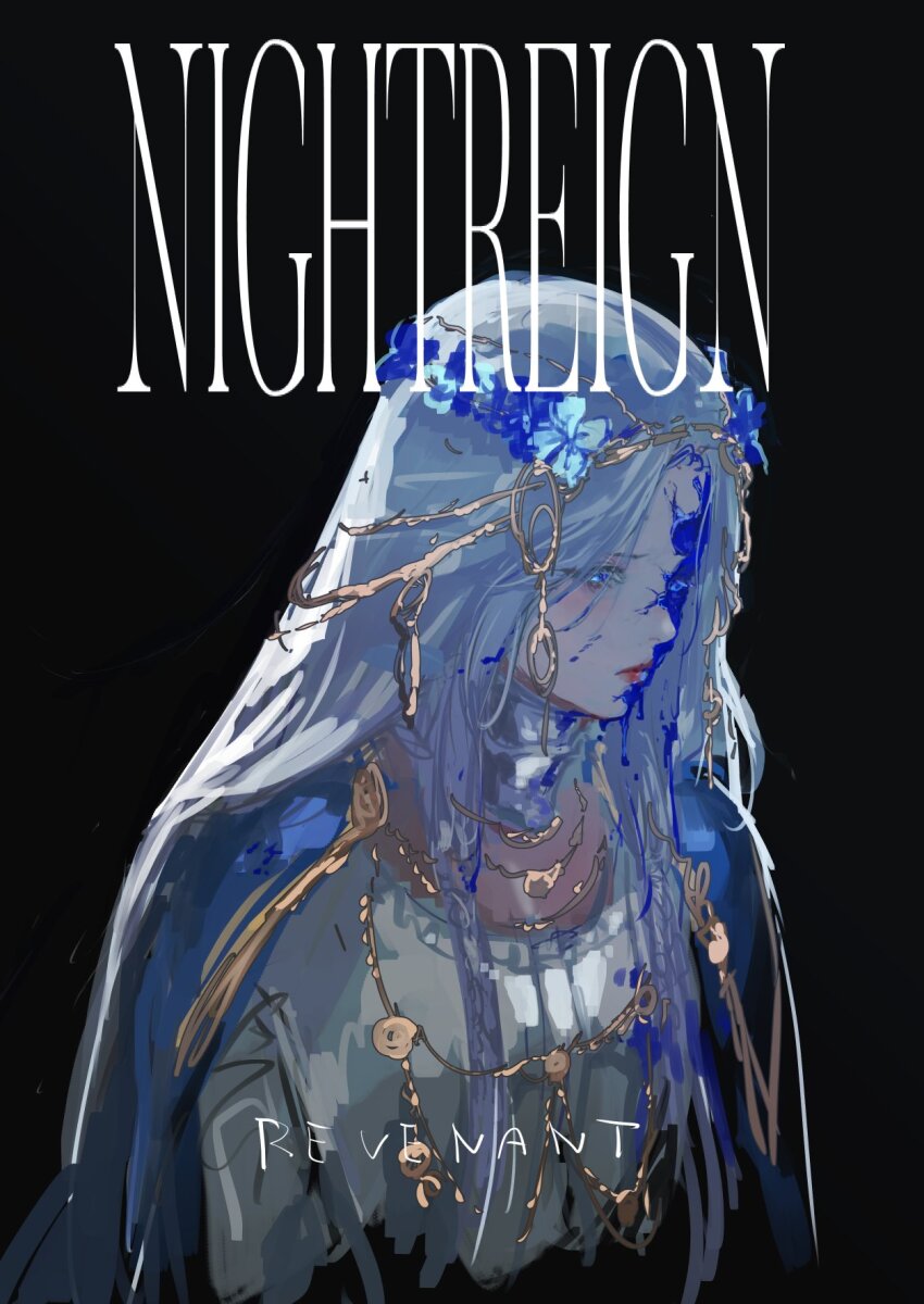 1girl black_background blue_cape blue_eyes cape colored_eyelashes cropped_torso dress elden_ring elden_ring_nightreign english_text gold gold_trim head_wreath highres jewelry long_hair looking_to_the_side makeup osakana_(denpa_yun&#039;yun) red_lips revenant_(elden_ring) solo veil white_dress white_eyelashes white_hair white_veil
