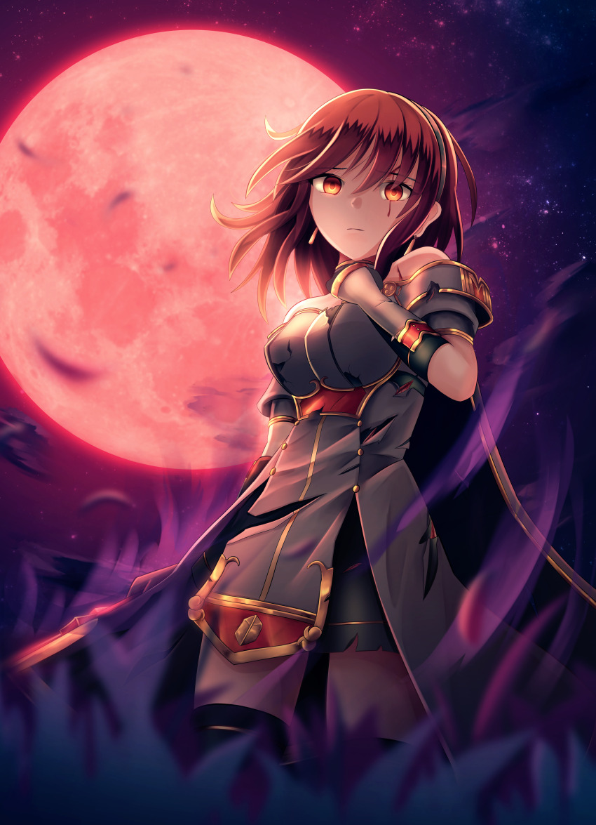 1girl absurdres armor aura black_skirt black_thighhighs blood blood_drip bloody_tears breastplate breasts cape celica_(fire_emblem) celica_(imprisoned_soul)_(fire_emblem) choker damaged dark_aura dress earrings fingerless_gloves fire_emblem fire_emblem_echoes:_shadows_of_valentia full_moon gloves highres holding holding_sword holding_weapon jewelry long_hair medium_breasts moon night night_sky nintendo princess red_eyes red_hair red_moon ryo-suzuki skirt sky sword tears thighhighs thighs tiara torn_clothes weapon white_armor white_dress witch