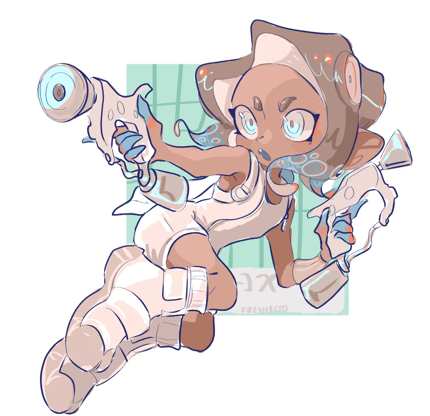 1girl absurdres agent_8_(splatoon) blue_hair bodysuit brown_hair color_chip_(splatoon) commentary dark-skinned_female dark_skin dual_wielding english_commentary fang fresh8cto full_body gradient_hair gun highres holding holding_gun holding_weapon medium_hair multicolored_hair nintendo octoling octoling_girl octoling_player_character open_mouth order_dualies_(splatoon) shoes simple_background sleeveless sleeveless_bodysuit socks solo splatoon_(series) splatoon_3 splatoon_3:_side_order tentacle_hair thick_eyebrows two-tone_hair v-shaped_eyebrows weapon white_background white_bodysuit white_shoes white_socks
