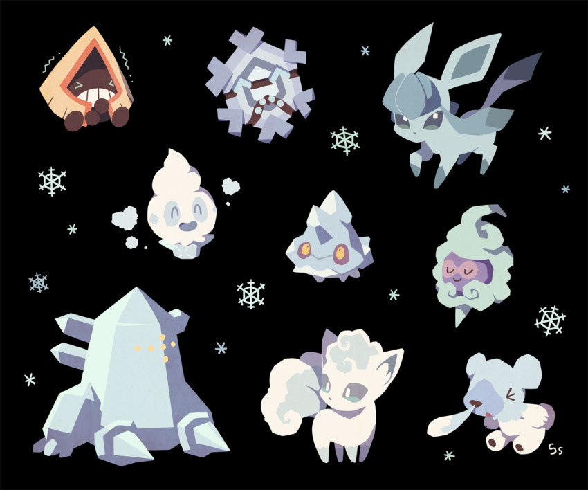 &gt;_&lt; ^_^ alolan_form alolan_vulpix arm_support bergmite black_background castform castform_(snowy) clenched_teeth closed_eyes commentary cryogonal cubchoo gen_3_pokemon gen_4_pokemon gen_5_pokemon gen_6_pokemon gen_7_pokemon glaceon legendary_pokemon looking_at_viewer nintendo open_mouth pokemon regice sitting smile sneezing snorunt snowflakes ssalbulre teeth trembling vanillite yellow_eyes