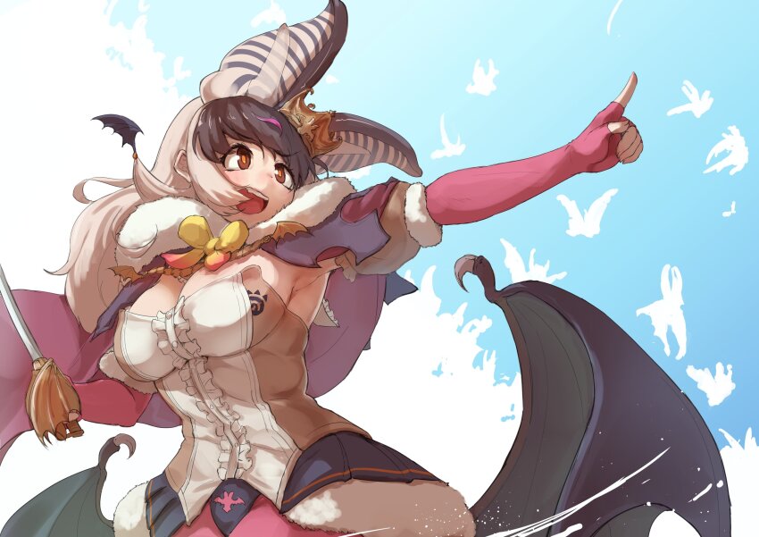1girl animal animal_ears arm_up armpits bat_(animal) bat_ears bat_girl bat_wings blue_background bow bowtie breasts brown_eyes brown_hair brown_long-eared_bat_(kemono_friends) cleavage cloak elbow_gloves extra_ears fingerless_gloves gloves grey_hair highres japari_symbol kemono_friends kemono_friends_v_project large_breasts leotard long_hair multicolored_hair okyao pantyhose simple_background skirt streaked_hair sword virtual_youtuber weapon wings