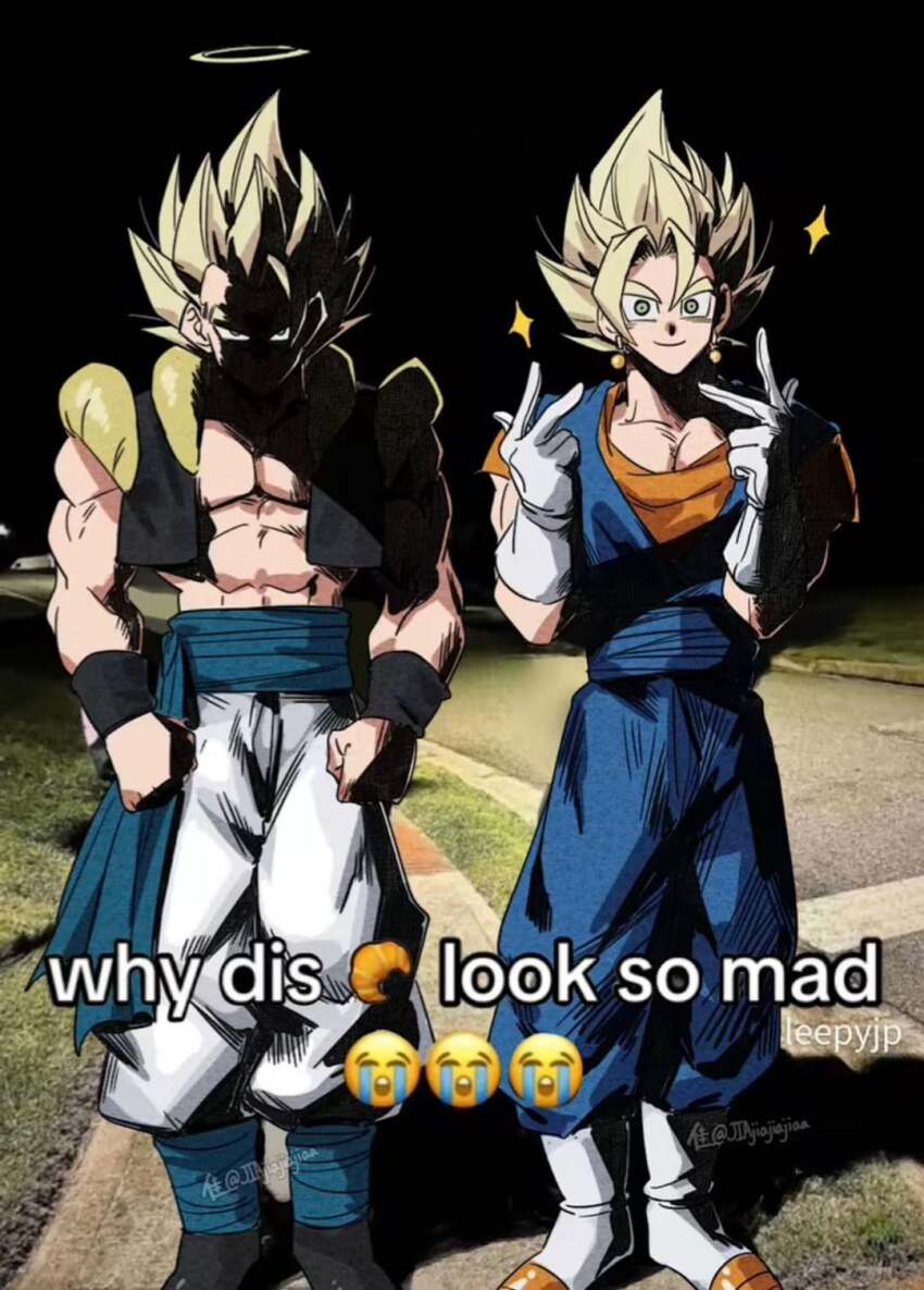 2boys abs angry black_shoes black_vest black_wrist_cuffs blonde_hair blue_dougi blue_eyes blue_pants blue_sash blue_shirt boots clenched_hand cropped_vest crying_emoji double_v dougi dragon_ball dragon_ball_super dragon_ball_super_broly earrings emoji full_body glaring gloves gogeta halo hands_up highres jewelry looking_at_viewer male_focus medium_hair meme metamoran_vest multiple_boys muscular muscular_male no_shirt open_clothes open_vest orange_undershirt pants peace pectoral_cleavage pectorals photo_background potara_earrings real_world_location sash shaded_face shadow shirt shirtless_male shoes short_sleeves sleeveless smile sparkle spiked_hair standing super_saiyan trait_connection undershirt v vegetto vest white_boots white_gloves white_pants why_dis_ninja_look_so_mad_(meme) wrist_cuffs