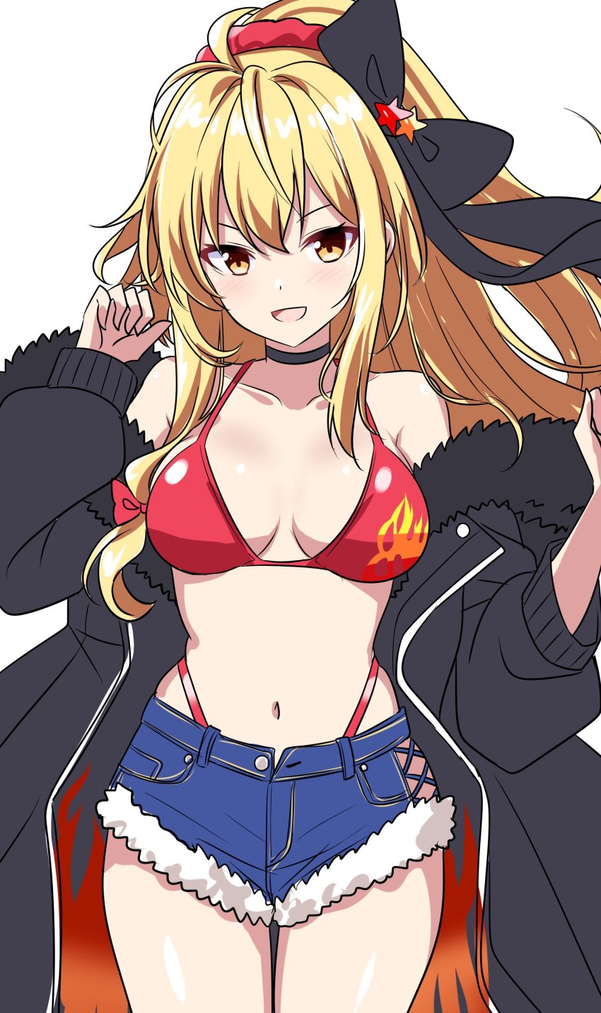 1girl absurdres bikini black_bow black_choker black_coat blue_shorts bow choker coat colored_eyelashes commentary_request cowboy_shot flame_print hair_bow highres kirisame_marisa kirisame_marisa_(witch_of_scarlet_dreams) kirisame_marisa_(witch_of_scarlet_dreams_on_vacation) long_hair looking_at_viewer navel ponytail red_bikini rise_(rise19851203) shorts simple_background smile solo star_(symbol) swimsuit touhou touhou_lostword v-shaped_eyebrows white_background yellow_eyes