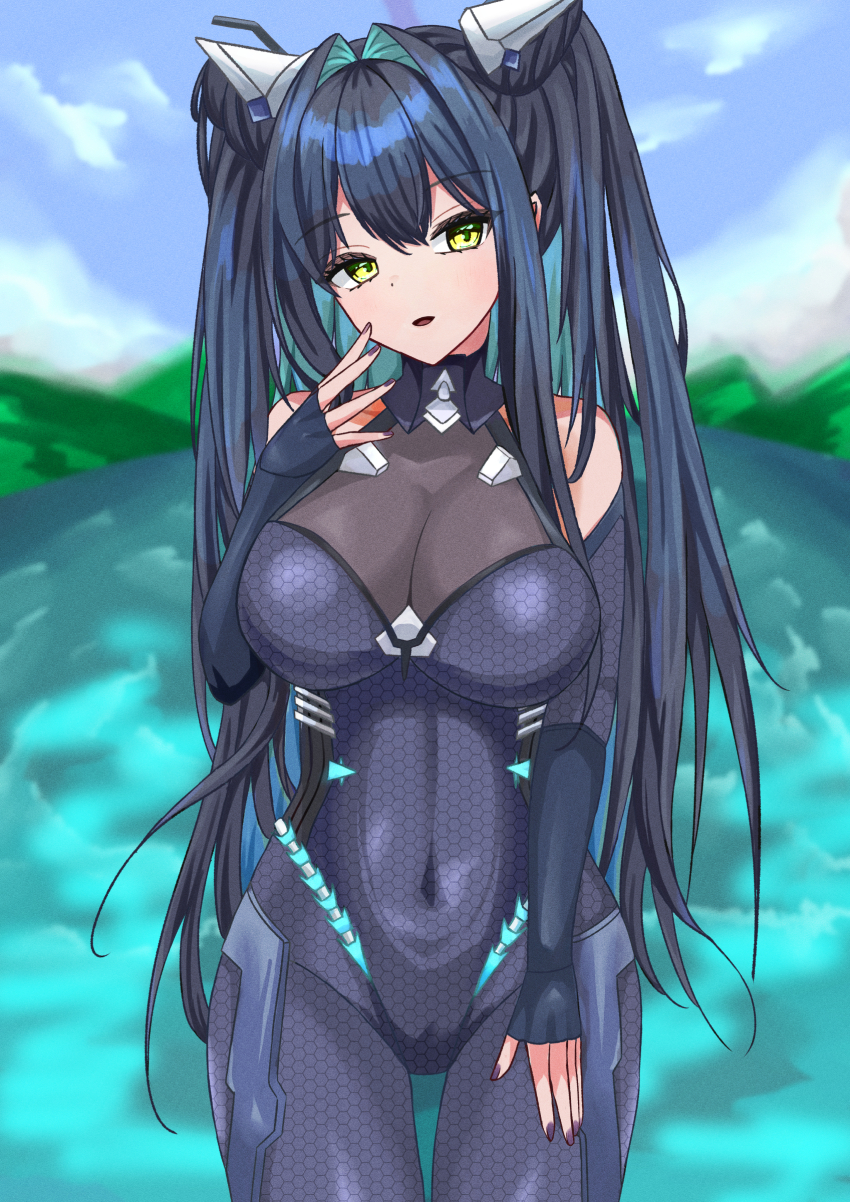 1girl absurdres aqua_hair ariko0915 bare_shoulders black_bodysuit black_hair blue_hair bodysuit breasts cleavage colored_inner_hair gloves goddess_of_victory:_nikke hair_intakes halterneck highres large_breasts little_mermaid_(nikke) long_hair looking_at_viewer multicolored_hair see-through_cleavage see-through_clothes solo twintails very_long_hair yellow_eyes